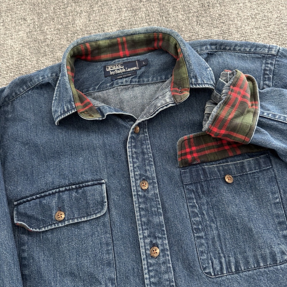 Vintage Polo Ralph Lauren Plaid Collar Denim Work Shirt Mens Large Button Up
